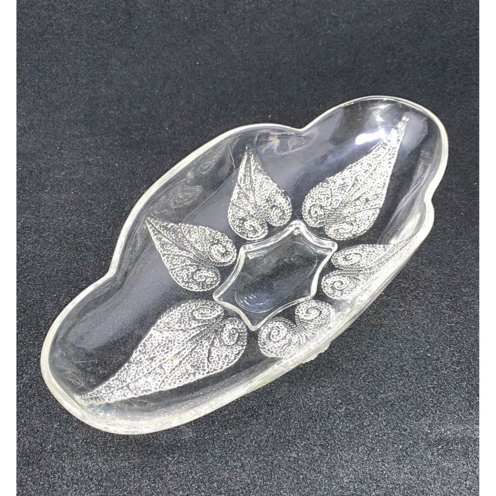 Vintage ANCHOR HOCKING RENAISSANCE Oval Relish Dish ~ Beaded Leaf ~ Mid Century